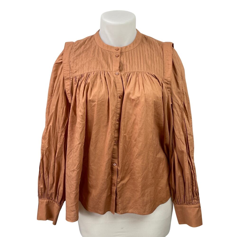 Witchery Brown Long Sleeve Pintucked Button Up Babydoll Blouse Top Size 16